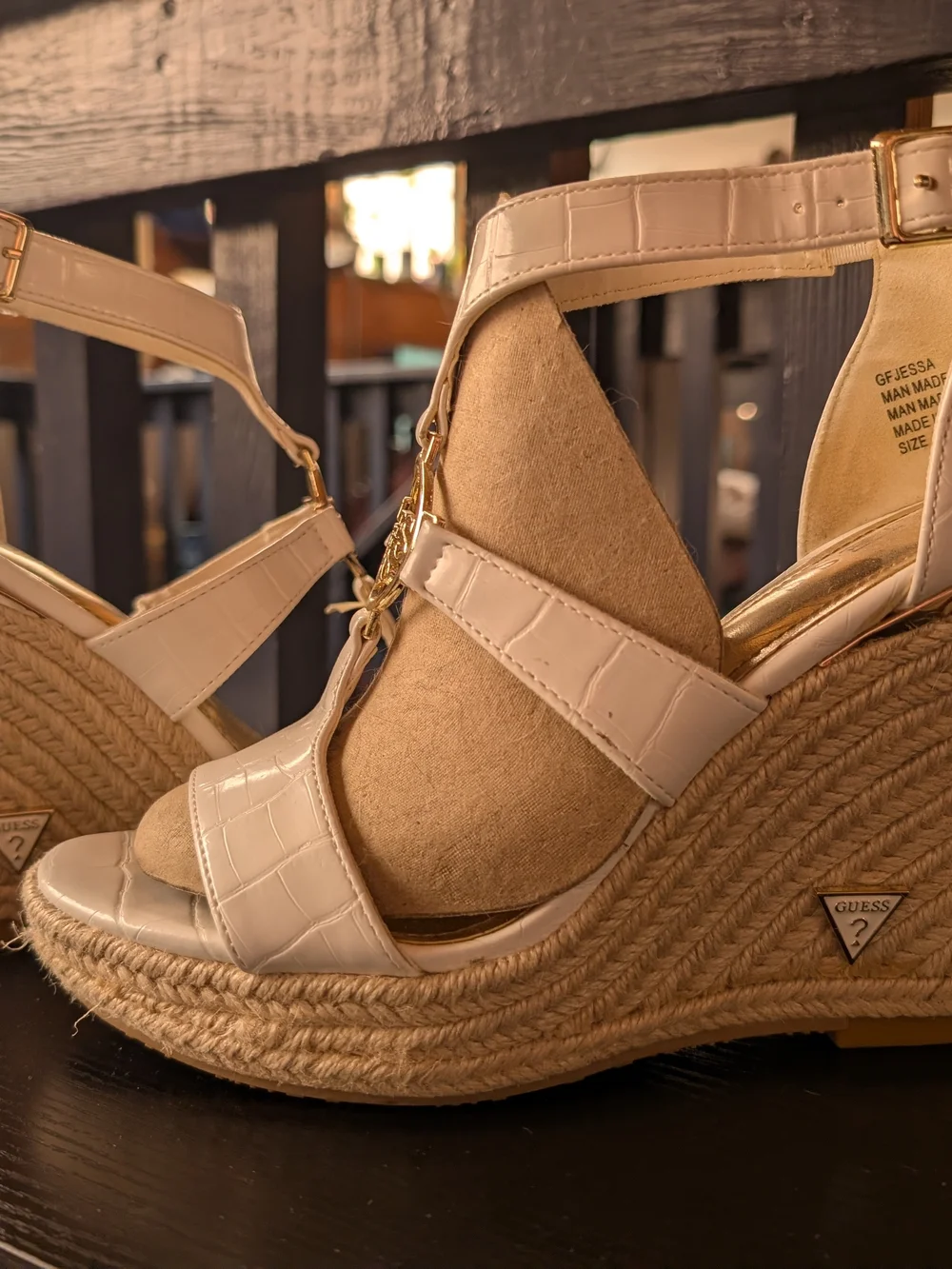 GUESS White Espadrille Wedge Sandals with Logo Accent